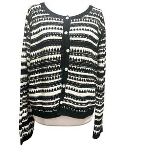 Nanette Lepore Nordic open knit black white cardigan button up grandmacore cozy